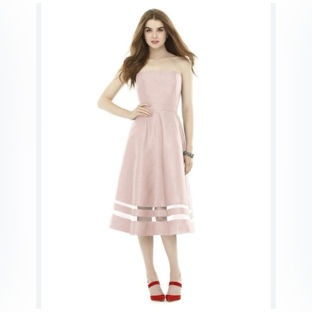 Alfred Sung Illusion Stripe Strapless a-Line MIDI Dress, Size 10 - Pearl Pink